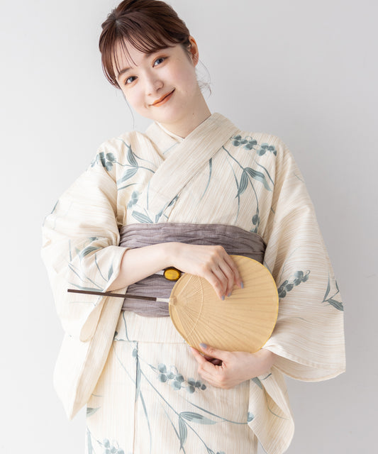 こだわり 浴衣 5点セット (浴衣/帯/下駄/腰紐/着付け冊子) ※レース兵児帯は別売り 麻混 綿麻 グリーン 緑 ホワイト系 スズラン 鈴蘭