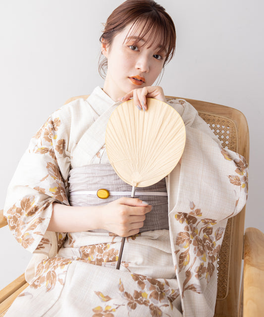 こだわり 浴衣 5点セット (浴衣/帯/下駄/腰紐/着付け冊子) 麻混 綿麻 ベージュ 花柄