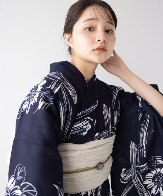こだわり 浴衣 5点セット (浴衣/帯/下駄/腰紐/着付け冊子) 麻混 綿麻 ネイビー 向日葵 ひまわり ヒマワリ