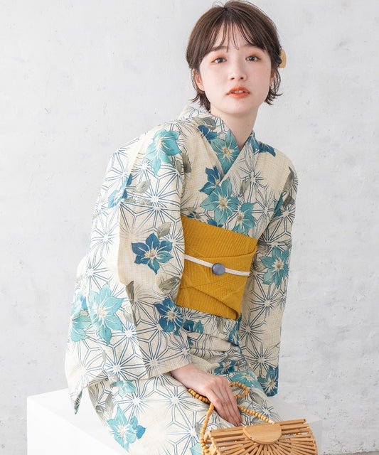 こだわり浴衣5点セット (浴衣/帯/下駄/腰紐/着付け冊子) 麻混 綿麻 先染め 生成 ブルー 鉄線 麻の葉