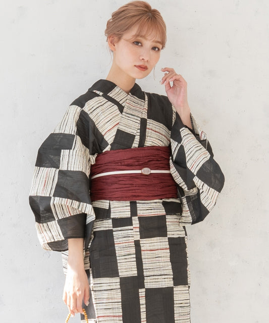 こだわり浴衣5点セット (浴衣/帯/下駄/腰紐/着付け冊子) 麻混 綿麻 先染め 生成 ブラック 黒 市松