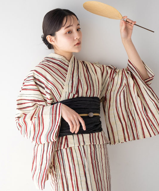 こだわり浴衣5点セット (浴衣/帯/下駄/腰紐/着付け冊子) 麻混 綿麻 先染め 生成 レッド ストライプ 縦縞 よろけ