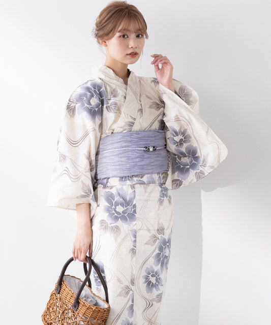 こだわり浴衣5点セット (浴衣/帯/下駄/腰紐/着付け冊子) 変わり織生地 ホワイト系 ブルー系 パープル系 牡丹 ボタン