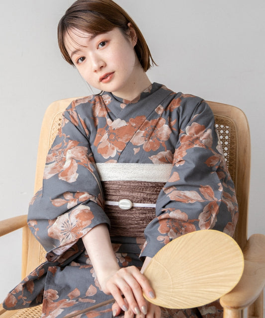 こだわり浴衣5点セット (浴衣/帯/下駄/腰紐/着付け冊子) 変わり織生地 グレー ブラウン