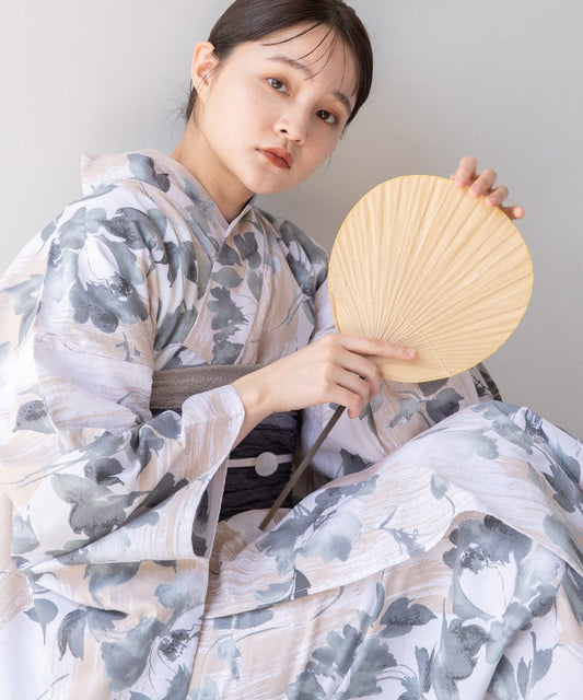 こだわり浴衣5点セット(浴衣/帯/下駄/腰紐/着付け冊子) ※レース兵児帯は別売り 変わり織生地 グレー