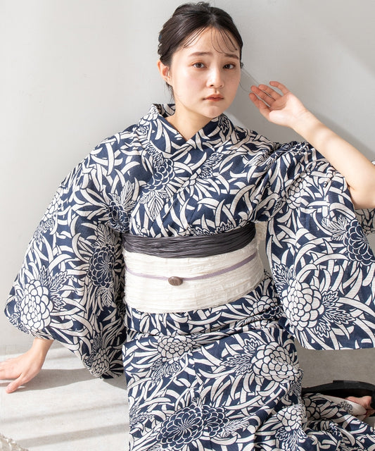 こだわり 浴衣 5点セット (浴衣/帯/下駄/腰紐/着付け冊子) ※プリーツ兵児帯は別売り 菊 ネイビー