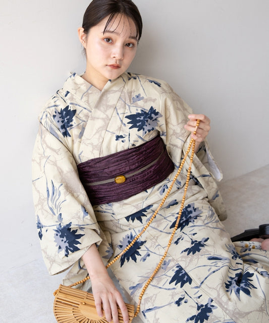 こだわり浴衣5点セット(浴衣/帯/下駄/腰紐/着付け冊子) 変わり織生地 ベージュ ローケツ