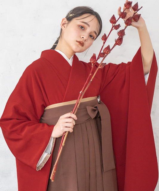 こだわり袴3点セット-ソリッドカラー-レッド-
